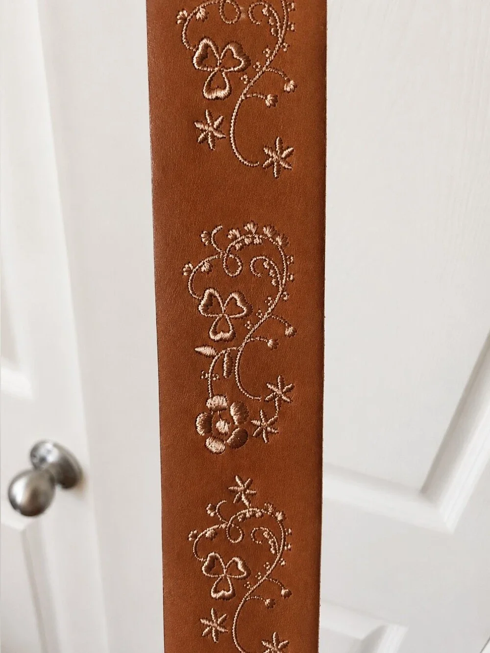 Boho Embroidered Tan Leather Double-Ring Belt w/Tassels!